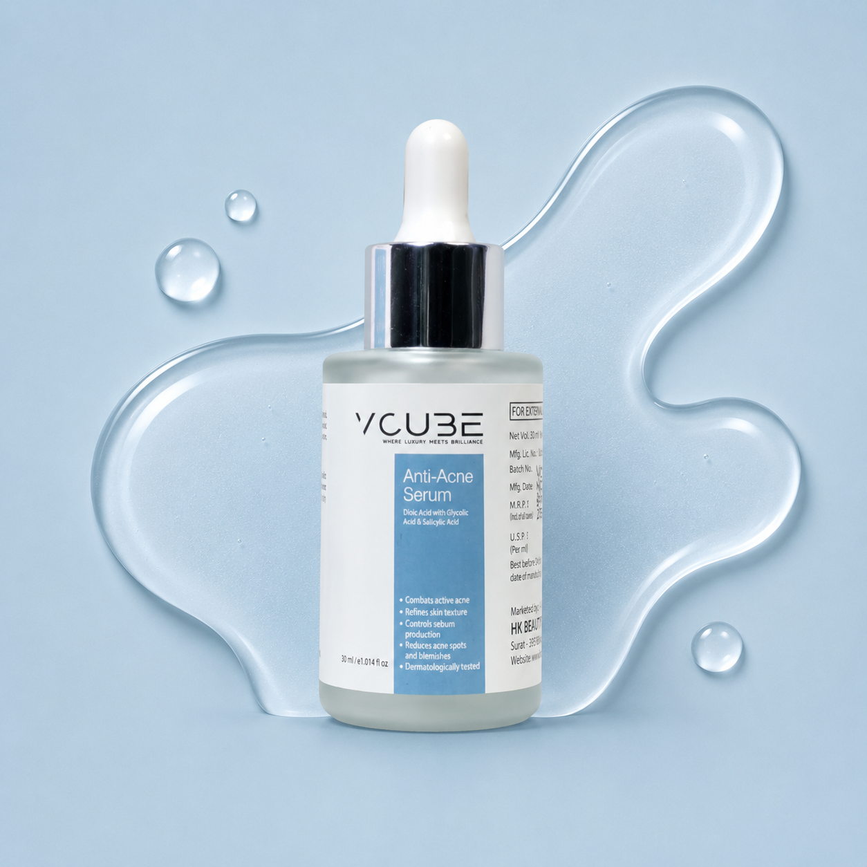 Anti Acne Face Serum with Salicylic Acid 1% & Glycolic Acid 2% for Pimples, Blackheads & Oil Control | Fragrance Free Vegan Serum – VCube