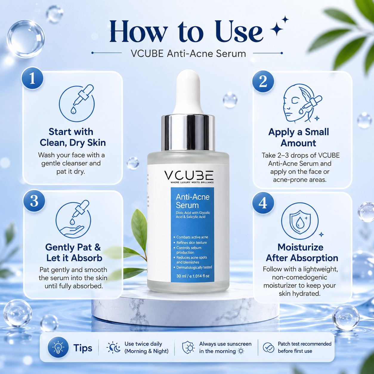 Anti Acne Face Serum with Salicylic Acid 1% & Glycolic Acid 2% for Pimples, Blackheads & Oil Control | Fragrance Free Vegan Serum – VCube
