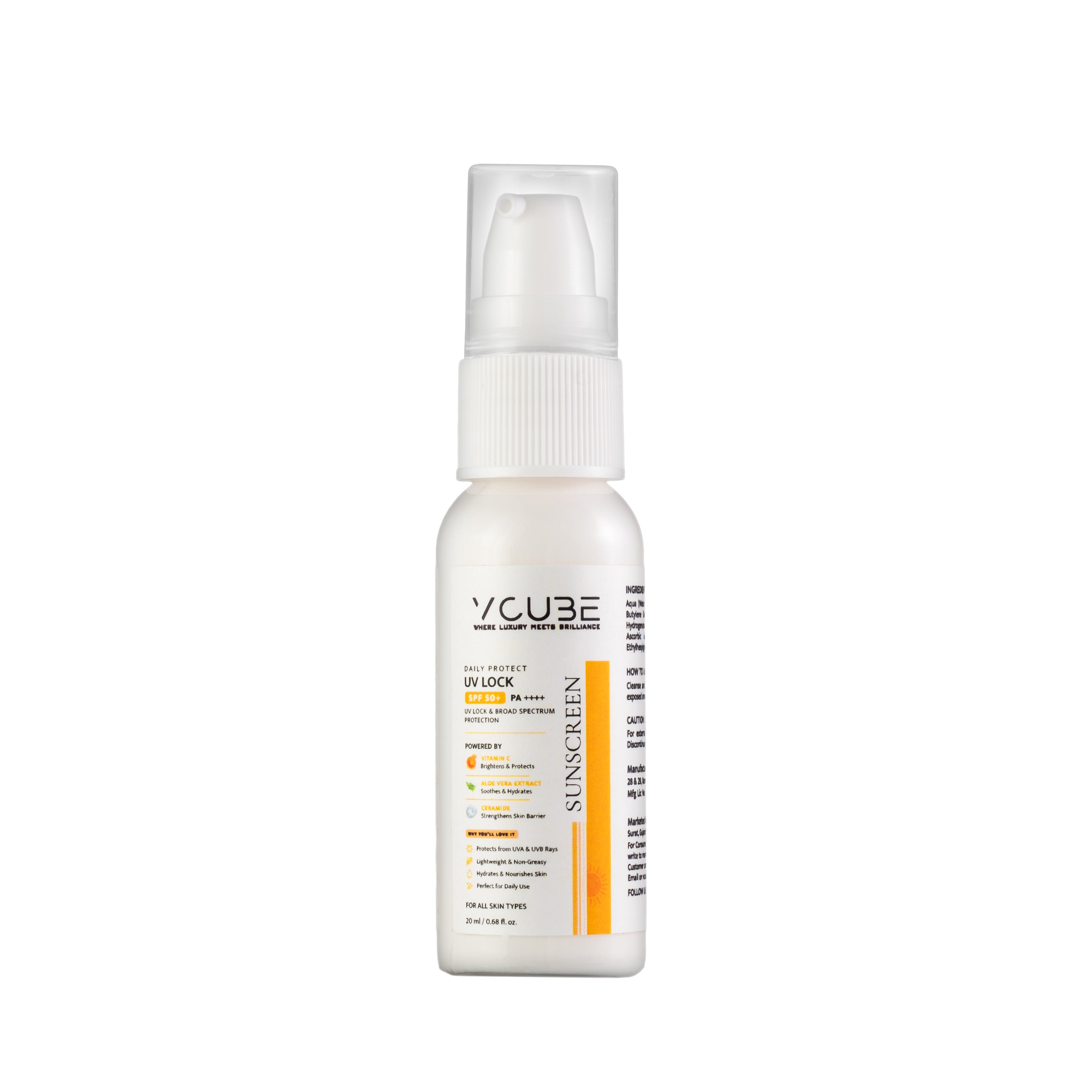 UV Lock Sunscreen SPF 50+ PA++++ UVA & UVB  (with Vitamin C+ Niacinamide + Ceramider)  20 ML