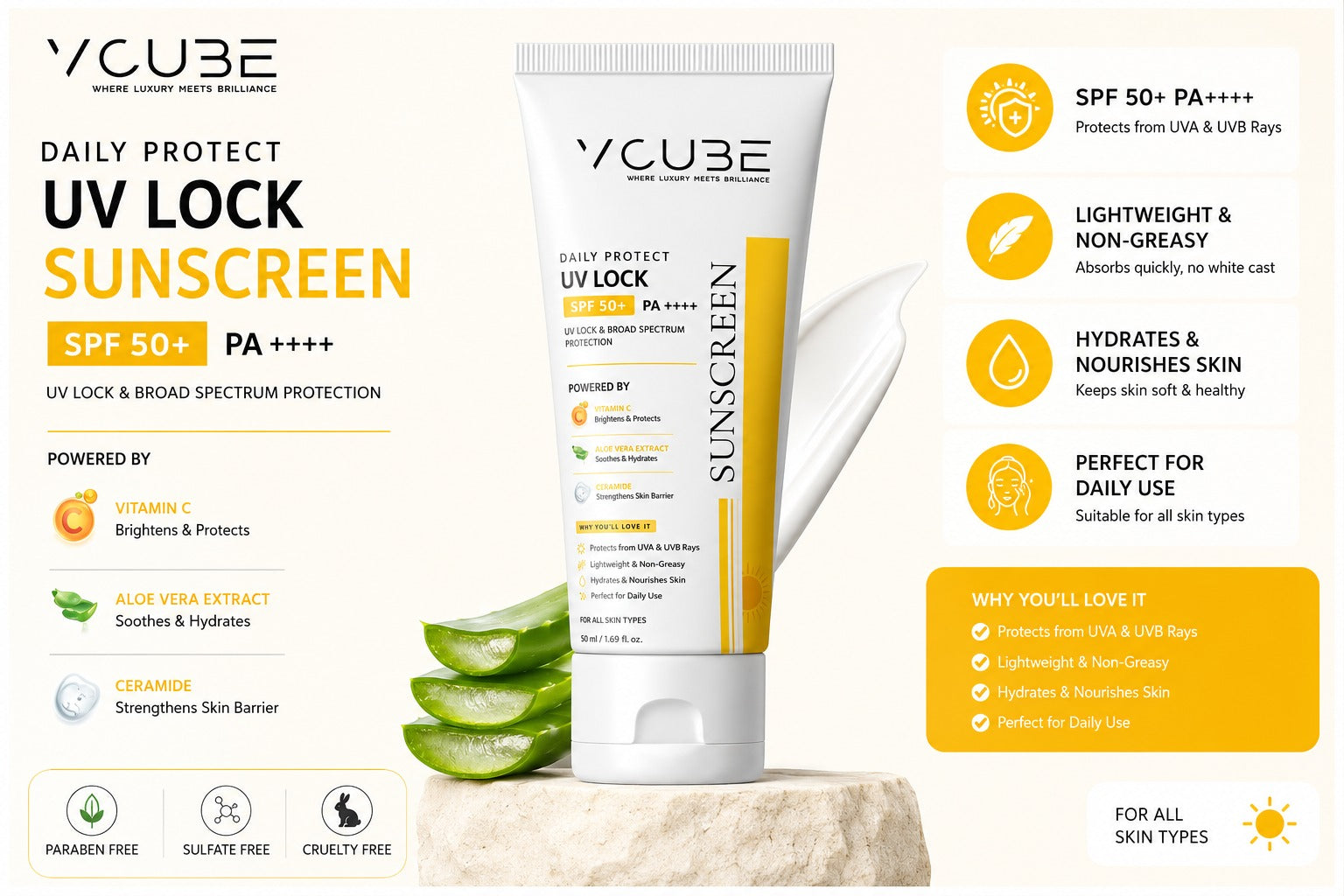 UV Lock Sunscreen SPF 50+ PA++++ UVA & UVB  (with Vitamin C+ Niacinamide + Ceramider)