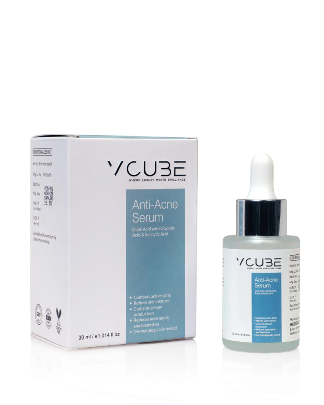Anti Acne Face Serum with Salicylic Acid 1% & Glycolic Acid 2% for Pimples, Blackheads & Oil Control | Fragrance Free Vegan Serum – VCube