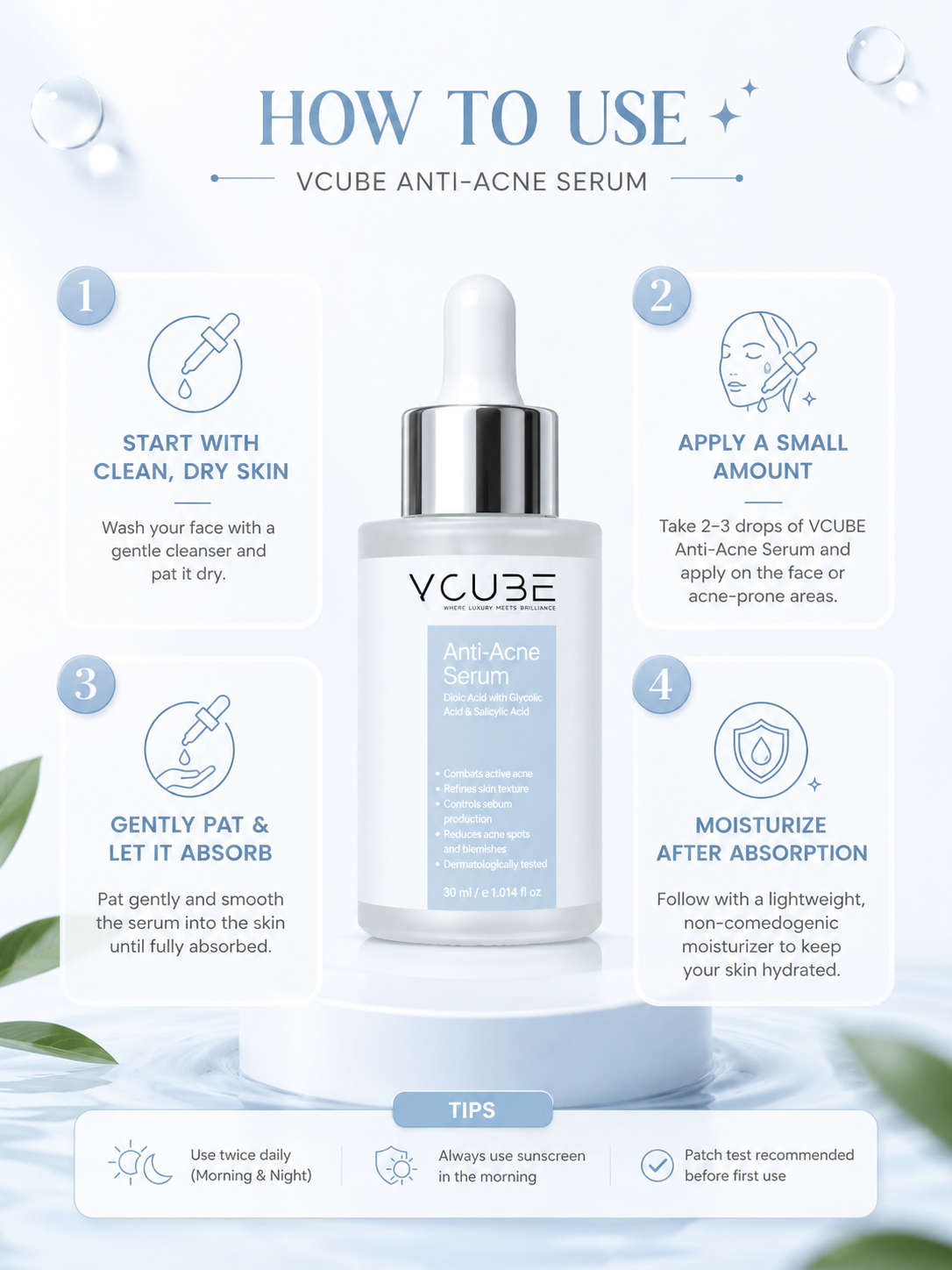 Anti Acne Face Serum with Salicylic Acid 1% & Glycolic Acid 2% for Pimples, Blackheads & Oil Control | Fragrance Free Vegan Serum – VCube