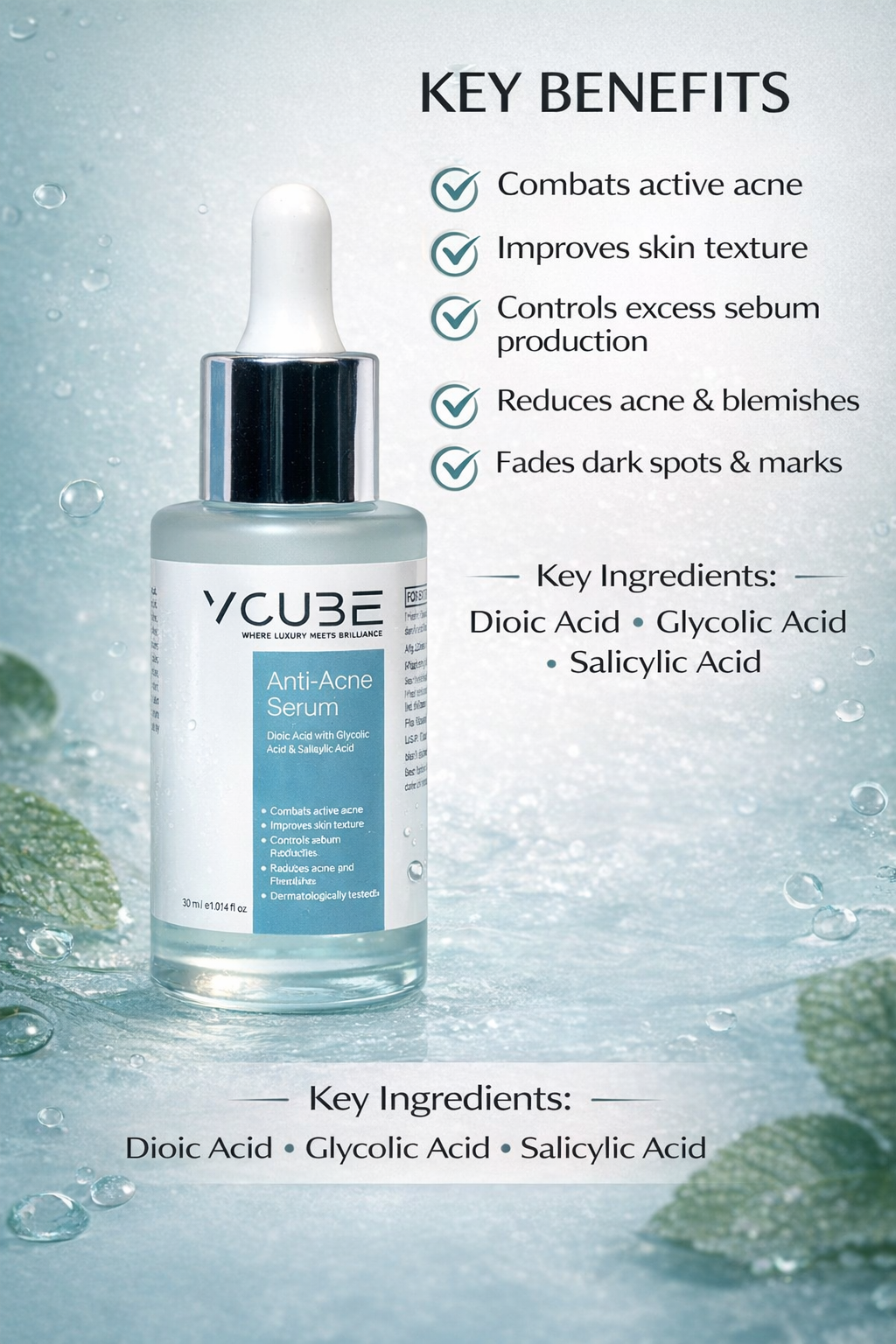 Anti Acne Face Serum with Salicylic Acid 1% & Glycolic Acid 2% for Pimples, Blackheads & Oil Control | Fragrance Free Vegan Serum – VCube