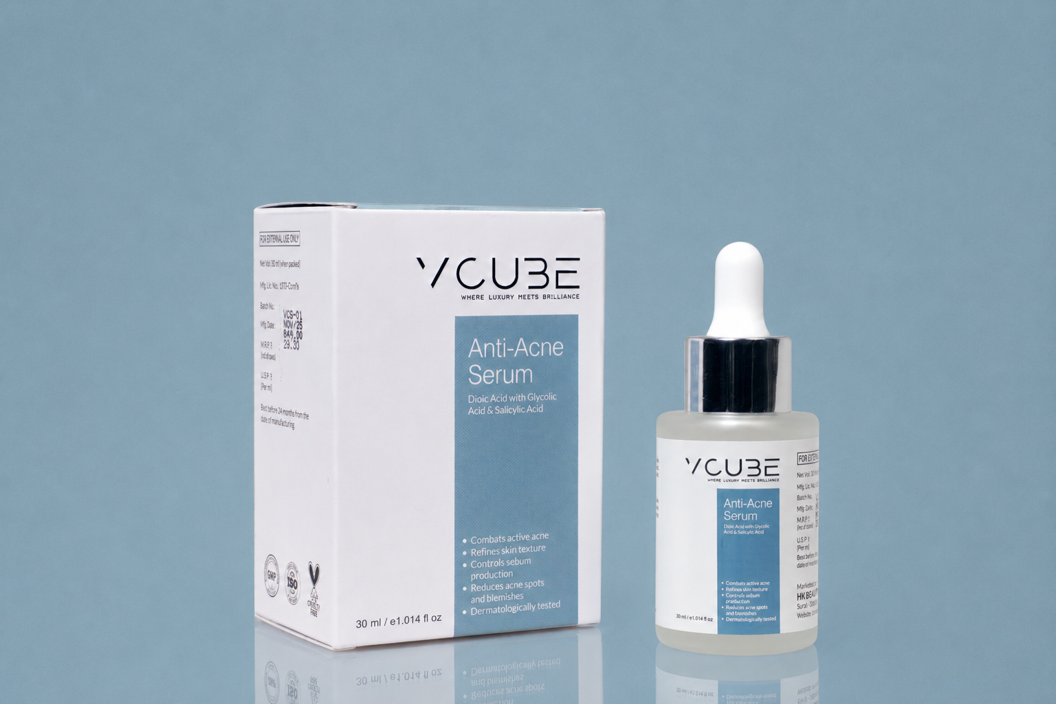 Anti Acne Face Serum with Salicylic Acid 1% & Glycolic Acid 2% for Pimples, Blackheads & Oil Control | Fragrance Free Vegan Serum – VCube