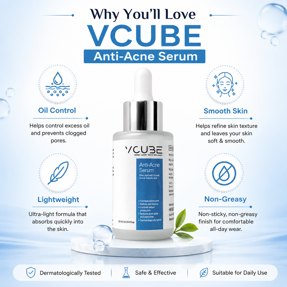 Anti Acne Face Serum with Salicylic Acid 1% & Glycolic Acid 2% for Pimples, Blackheads & Oil Control | Fragrance Free Vegan Serum – VCube