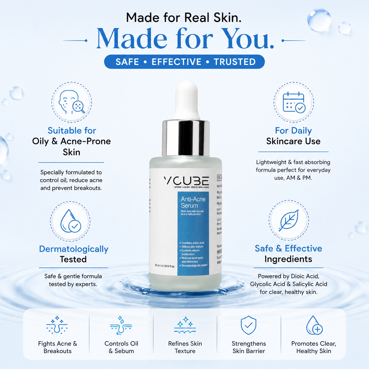 Anti Acne Face Serum with Salicylic Acid 1% & Glycolic Acid 2% for Pimples, Blackheads & Oil Control | Fragrance Free Vegan Serum – VCube