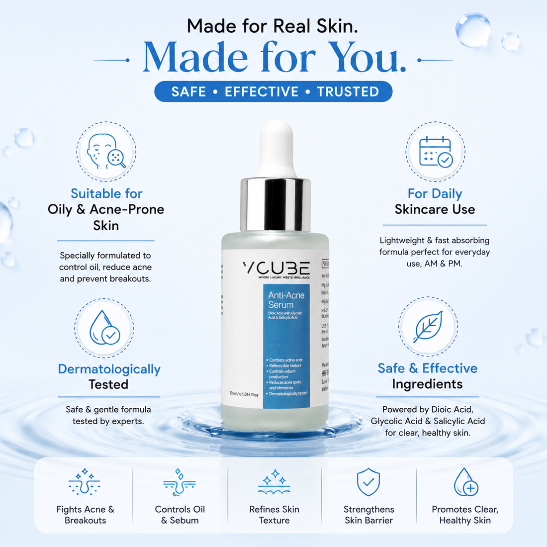 Anti Acne Face Serum with Salicylic Acid 1% & Glycolic Acid 2% for Pimples, Blackheads & Oil Control | Fragrance Free Vegan Serum – VCube