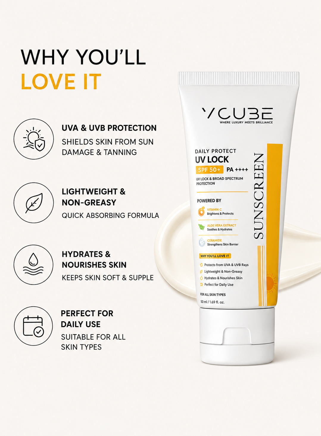 UV LOCK Sunscreen SPF 50+ PA++++ | Vitamin C + Niacinamide + Ceramide